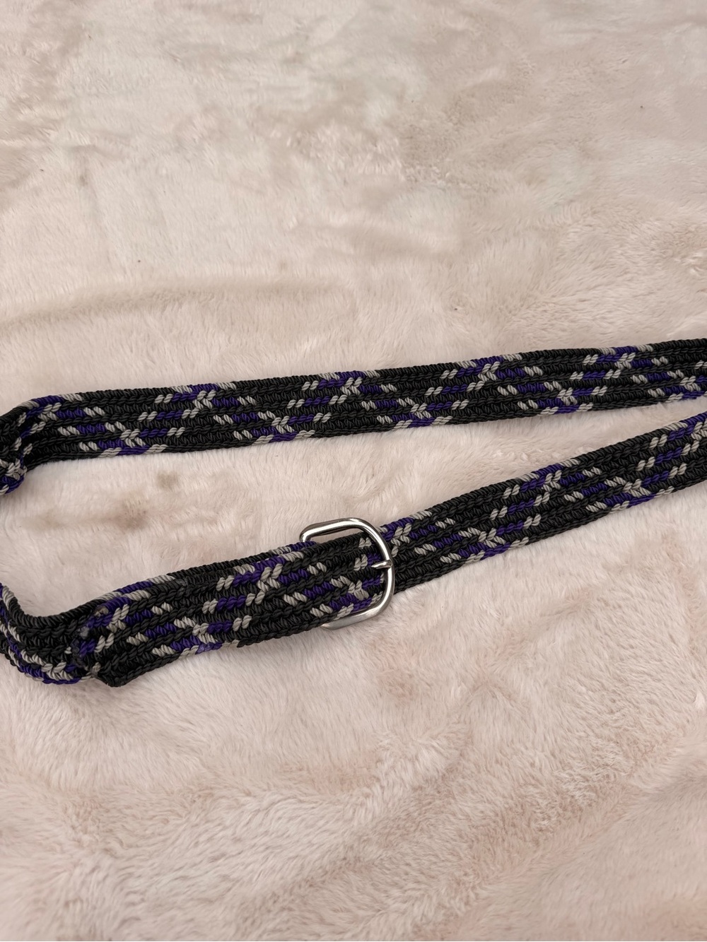 Vintage Woven Braided Belt in Black, Gray & Purple with Silver Buckle